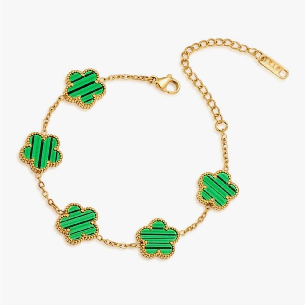 18K Gold Lucky Clover Bracelet Green Enamel Dainty Van Cleef Style Charm Luxury